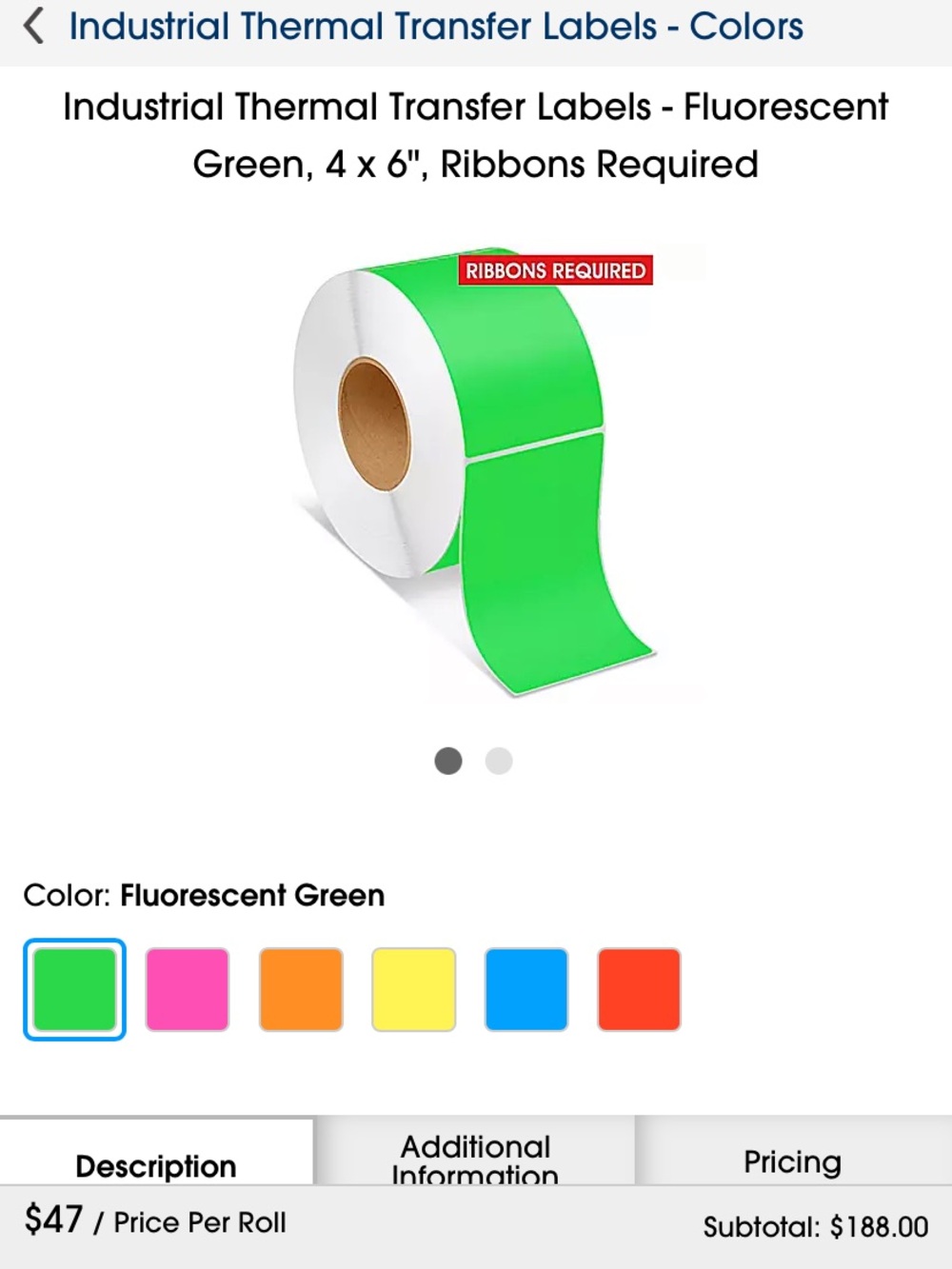 Fluorescent Green Industrial Thermal Transfer shipping Labels Rolls 1,000 4 x 6